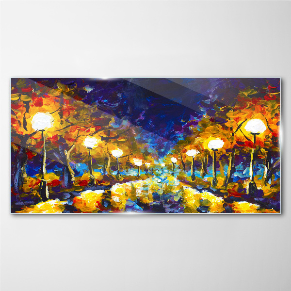 Evening alley with lamps Glass Wall Art