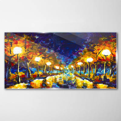 Evening alley with lamps Glass Wall Art