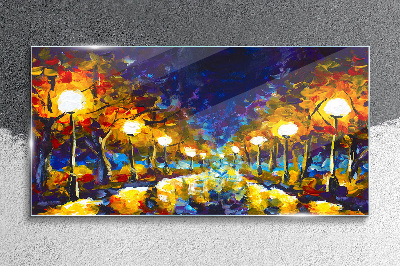 Evening alley with lamps Glass Wall Art