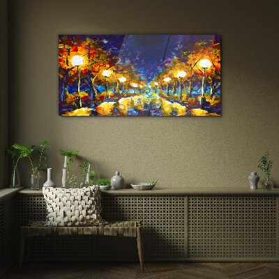 Evening alley with lamps Glass Wall Art