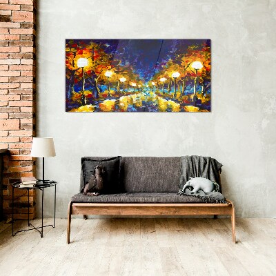 Evening alley with lamps Glass Wall Art