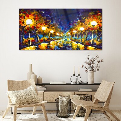 Evening alley with lamps Glass Wall Art