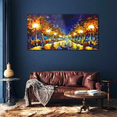 Evening alley with lamps Glass Wall Art