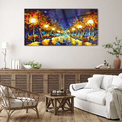 Evening alley with lamps Glass Wall Art