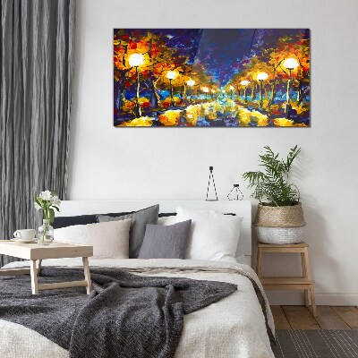 Evening alley with lamps Glass Wall Art
