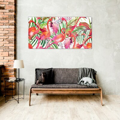 Flamingos in a tropical paradise Glass Wall Art