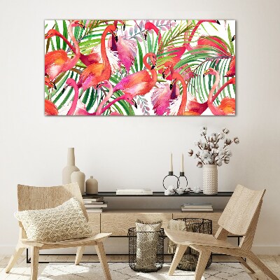 Flamingos in a tropical paradise Glass Wall Art