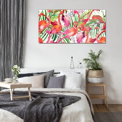 Flamingos in a tropical paradise Glass Wall Art