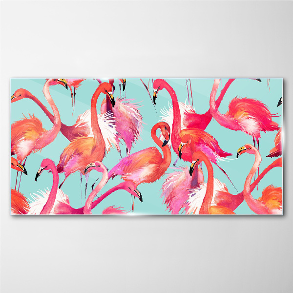 Pink flamingos on a turquoise background Glass Wall Art