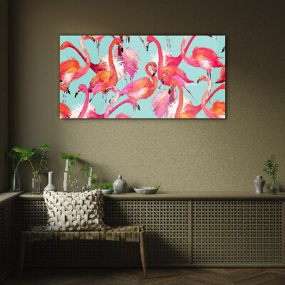 Pink flamingos on a turquoise background Glass Wall Art