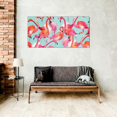 Pink flamingos on a turquoise background Glass Wall Art