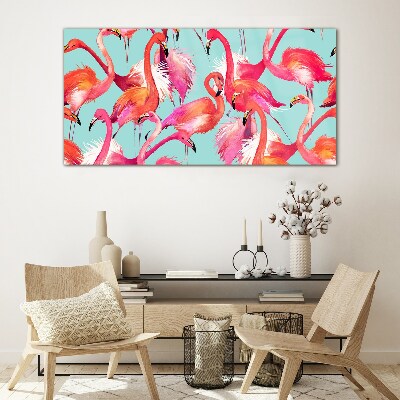 Pink flamingos on a turquoise background Glass Wall Art