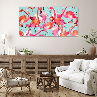 Pink flamingos on a turquoise background Glass Wall Art