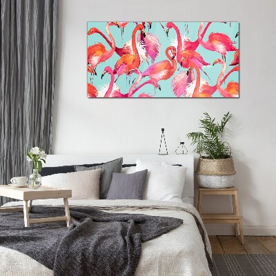 Pink flamingos on a turquoise background Glass Wall Art