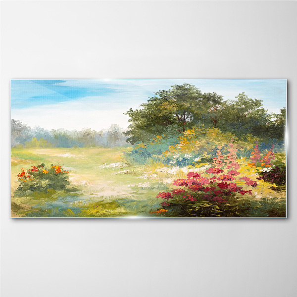Floral landscape of a summer morning Glass Wall Art