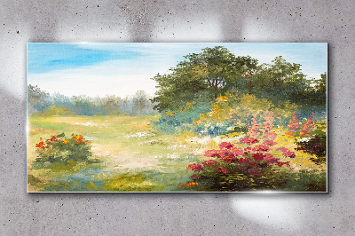 Floral landscape of a summer morning Glass Wall Art