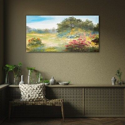 Floral landscape of a summer morning Glass Wall Art
