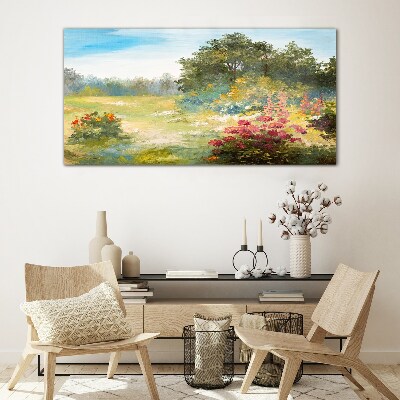 Floral landscape of a summer morning Glass Wall Art
