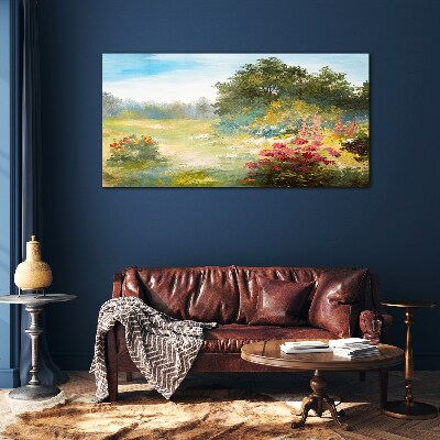 Floral landscape of a summer morning Glass Wall Art