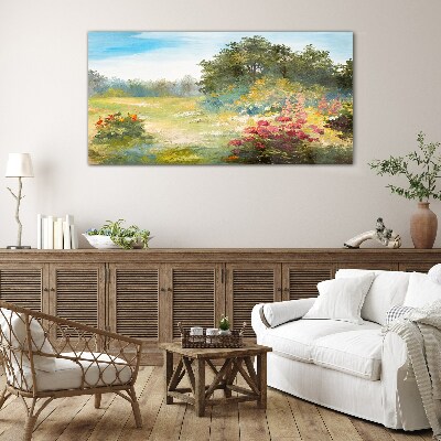 Floral landscape of a summer morning Glass Wall Art