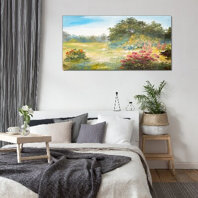 Floral landscape of a summer morning Glass Wall Art