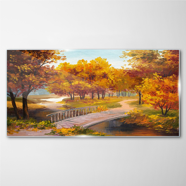 Golden bridge in autumn park Glass Wall Art