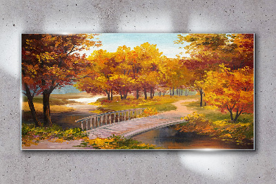 Golden bridge in autumn park Glass Wall Art