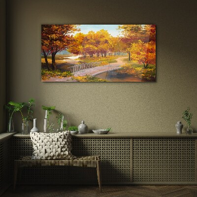 Golden bridge in autumn park Glass Wall Art