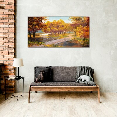 Golden bridge in autumn park Glass Wall Art