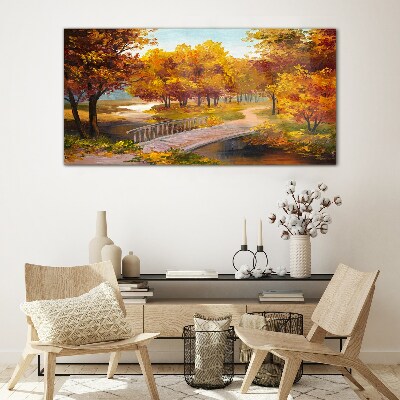 Golden bridge in autumn park Glass Wall Art
