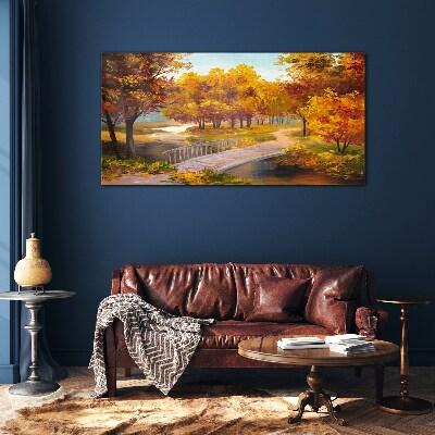 Golden bridge in autumn park Glass Wall Art