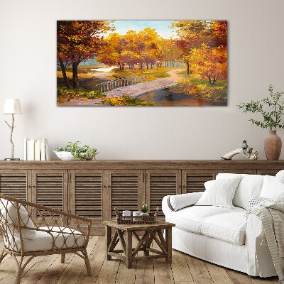 Golden bridge in autumn park Glass Wall Art
