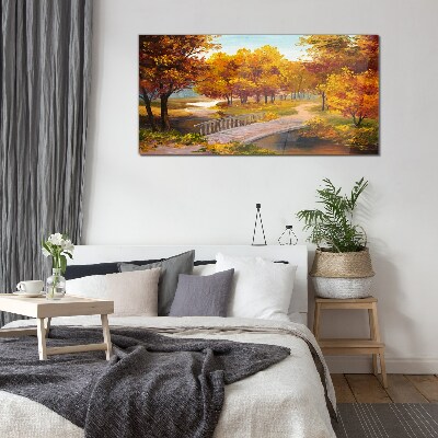 Golden bridge in autumn park Glass Wall Art