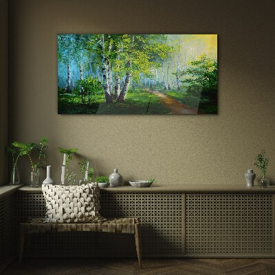 Green forest in the morning fog Glass Wall Art
