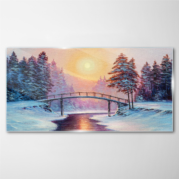 Winter bridge in the sunlight Glass Wall Art