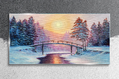 Winter bridge in the sunlight Glass Wall Art