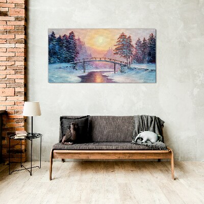 Painting winter trees bridge Glass Wall Art