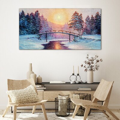 Painting winter trees bridge Glass Wall Art