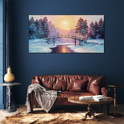 Painting winter trees bridge Glass Wall Art