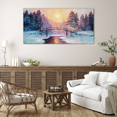 Painting winter trees bridge Glass Wall Art