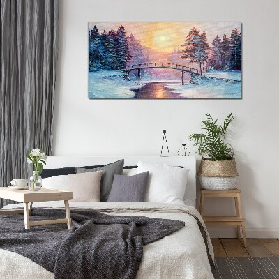 Painting winter trees bridge Glass Wall Art