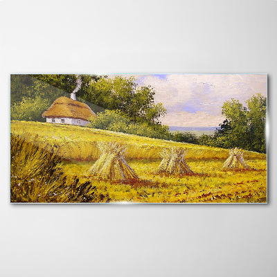 Golden fields and a country cottage Glass Wall Art