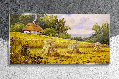 Golden fields and a country cottage Glass Wall Art