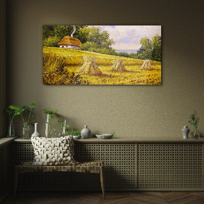 Golden fields and a country cottage Glass Wall Art