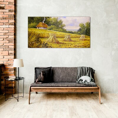 Golden fields and a country cottage Glass Wall Art