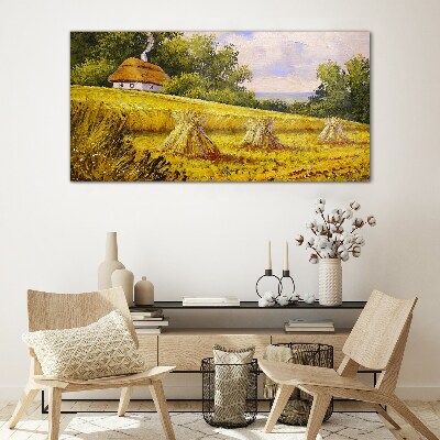 Golden fields and a country cottage Glass Wall Art