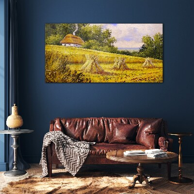 Golden fields and a country cottage Glass Wall Art
