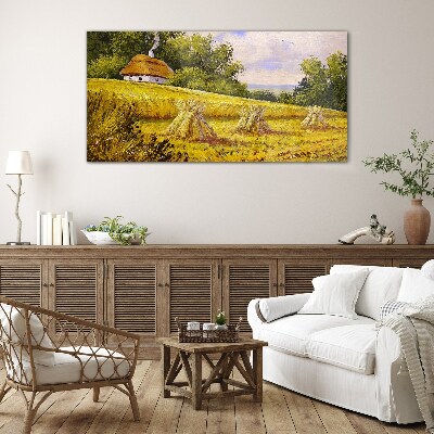 Golden fields and a country cottage Glass Wall Art