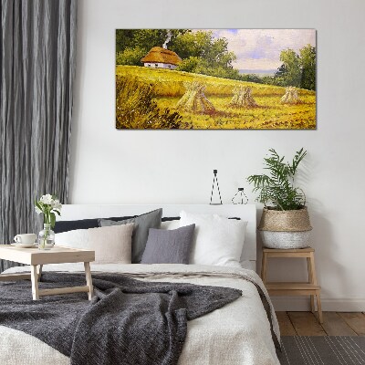 Golden fields and a country cottage Glass Wall Art