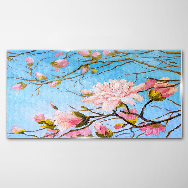 Magnolia flowers on a blue background Glass Wall Art